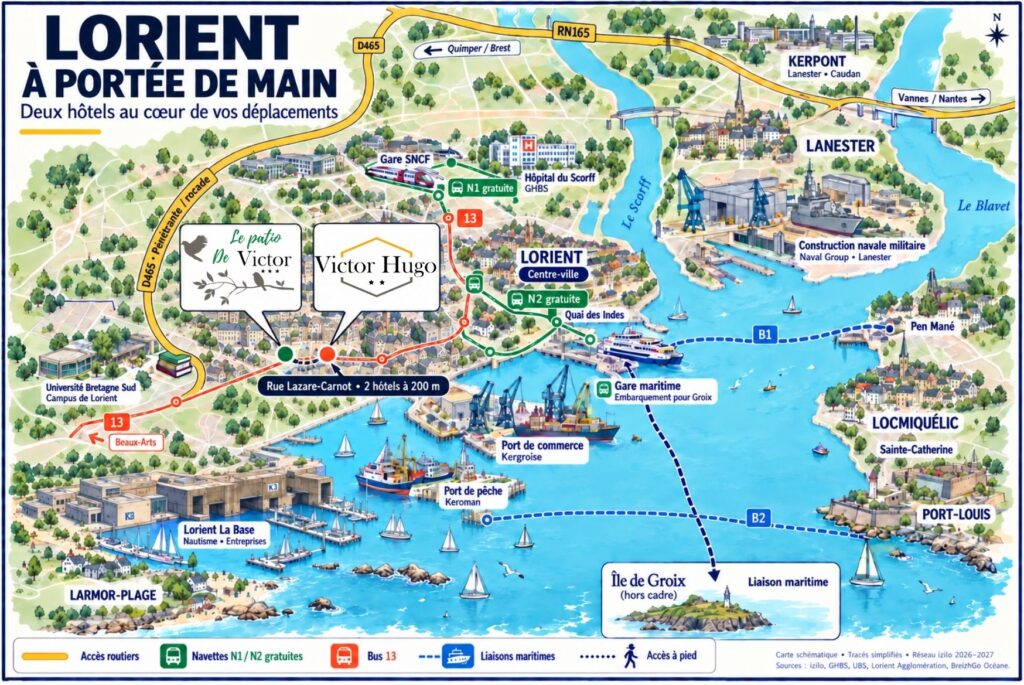 Plan de situation des hôtels Victor Hugo et Patio de Victor à Lorient